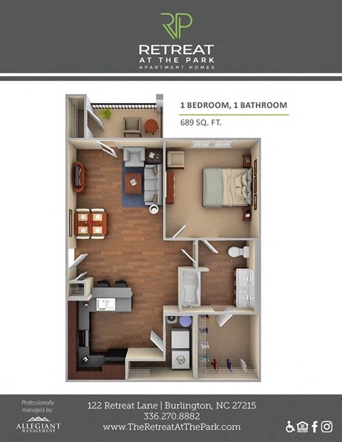 1 Bed 1 Bath Iris Floorplan